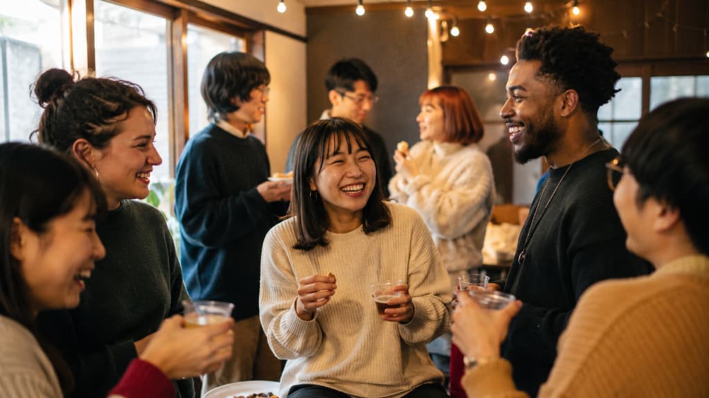 Foreigners and Japanese friends socializing at a gathering, finding community in Japan as an expat