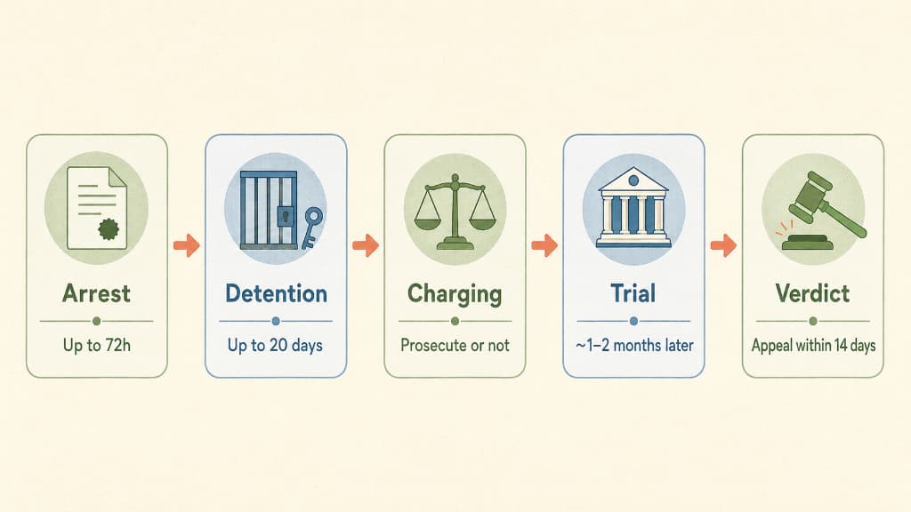 The criminal process timeline in Japan, from arrest through detention, charging, and trial