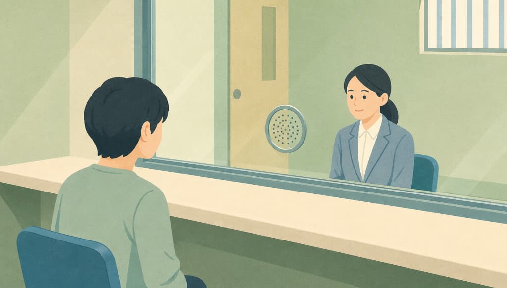 A detained person meeting a duty attorney to understand the arrest-to-trial timeline in Japan