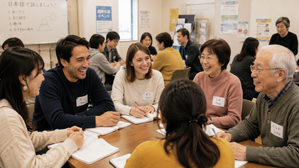 Foreign residents and Japanese volunteers at a local international association language class in Japan