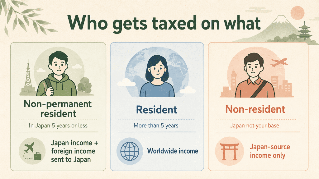 Diagram of resident, non-permanent resident, and non-resident tax categories in Japan