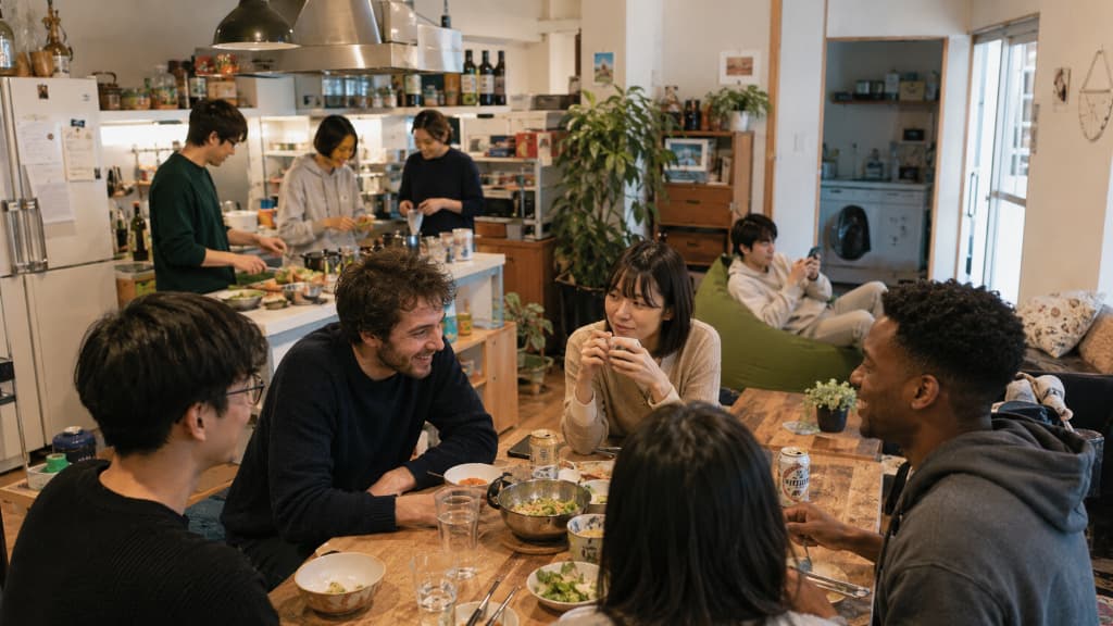 International housemates socializing in a Japanese share house lounge, an easy way to find community