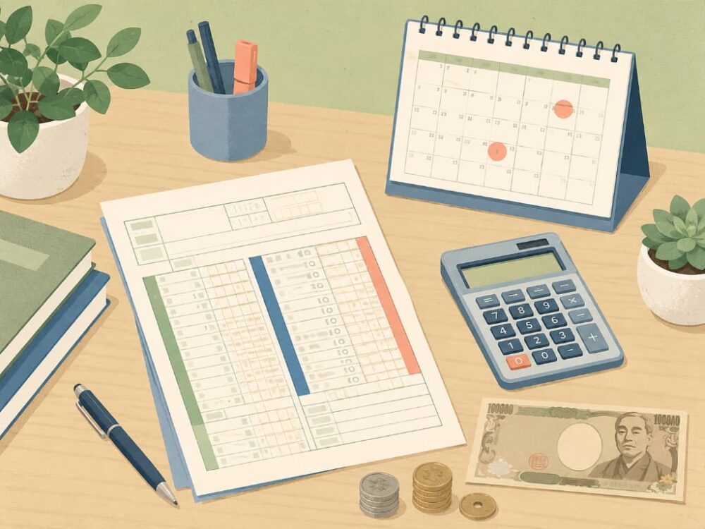 Flat illustration of taxes in Japan: income tax and residence tax documents with a calendar
