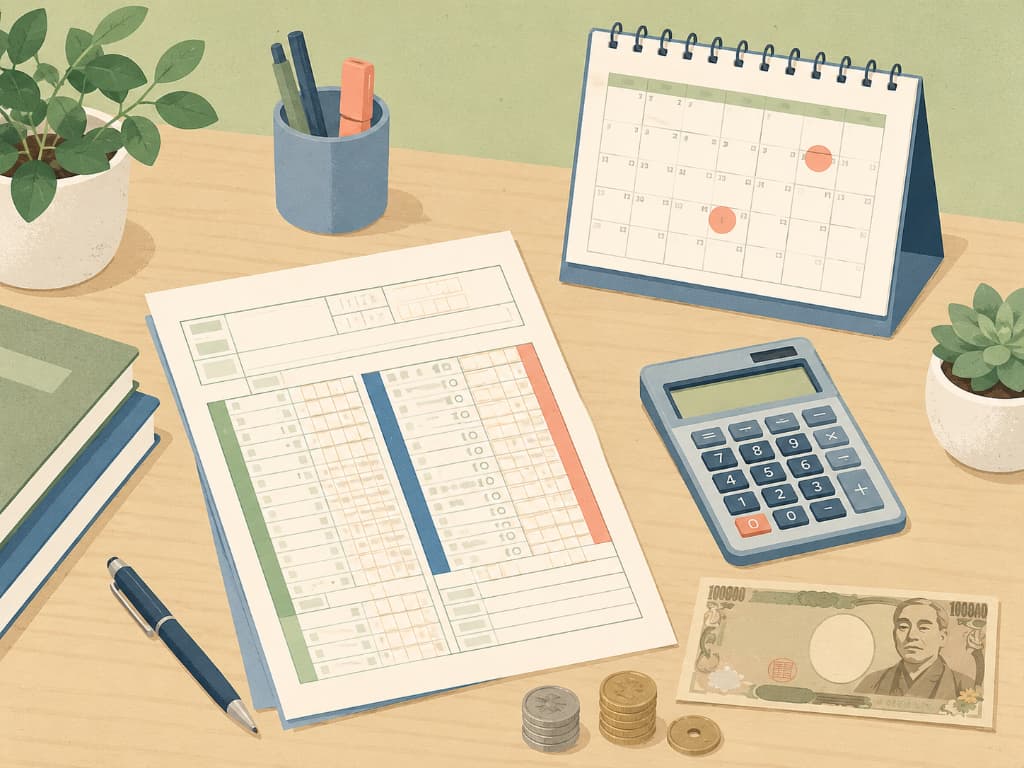 Flat illustration of taxes in Japan: income tax and residence tax documents with a calendar