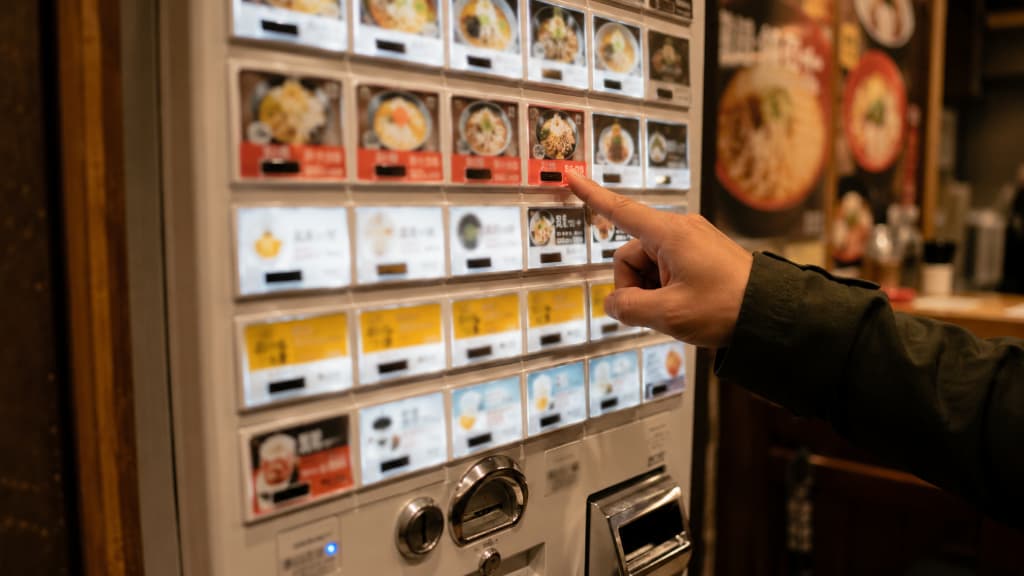 Close-up of a Japanese restaurant ticket vending machine used to order ramen