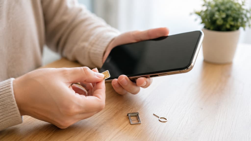 A person inserting a SIM card into a smartphone to get a mobile phone in Japan