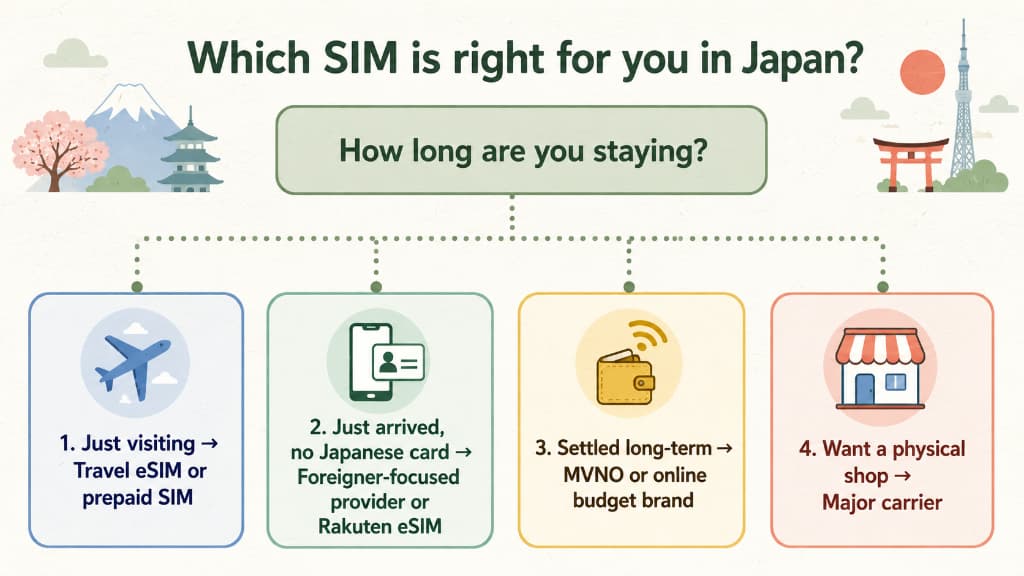 Flowchart showing which SIM card option is best for foreigners in Japan by situation