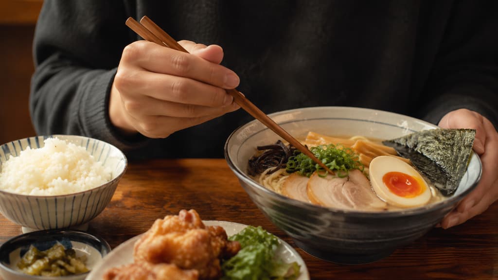 Proper chopsticks etiquette while eating a Japanese meal at the table