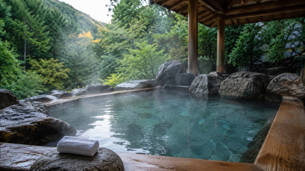 Onsen bathing etiquette in Japan, including keeping the towel out of the water