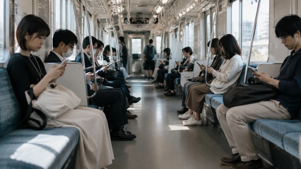 Passengers staying quiet on a Japanese train, reflecting public etiquette in Japan