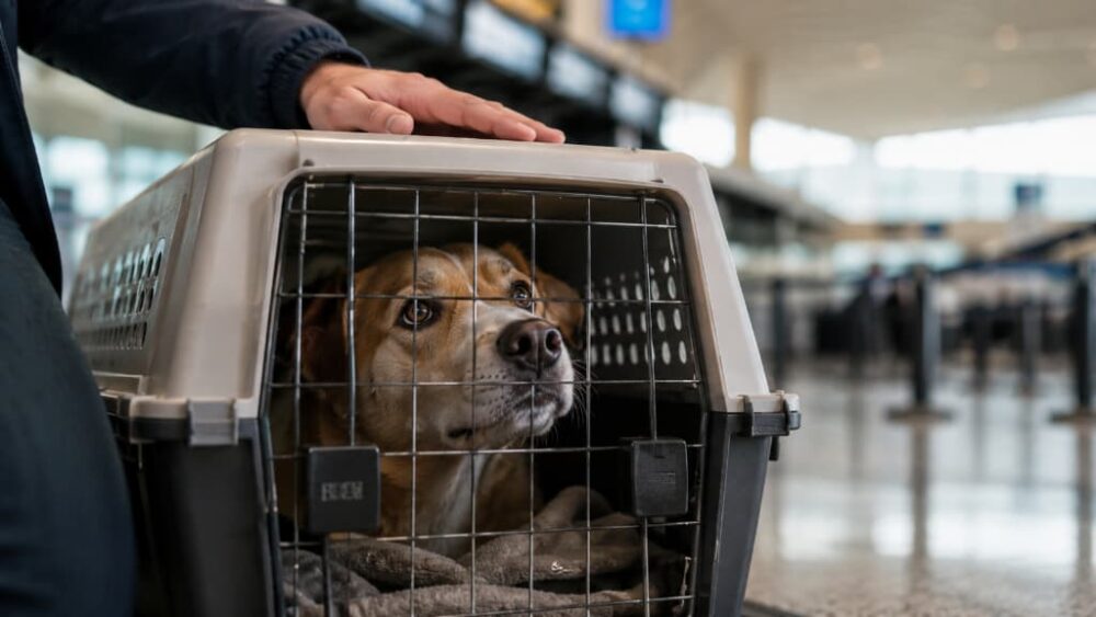 A dog in an airline travel crate at the airport, ready to be brought to Japan as an expat's pet