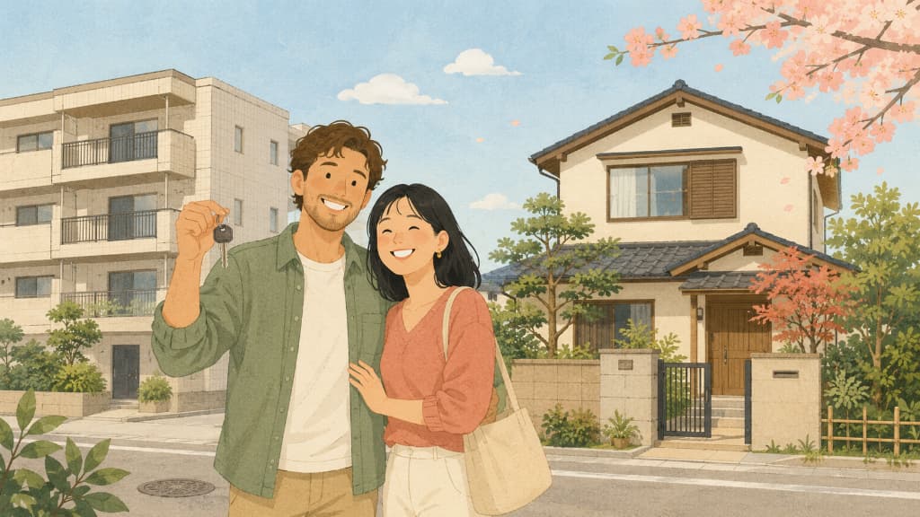 A foreign couple receiving keys to their new home in Japan after buying property