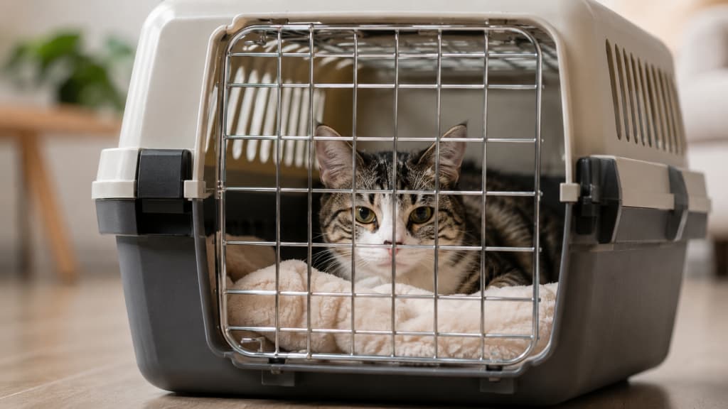 A cat resting calmly inside an IATA-compliant hard-sided travel crate for flying to Japan