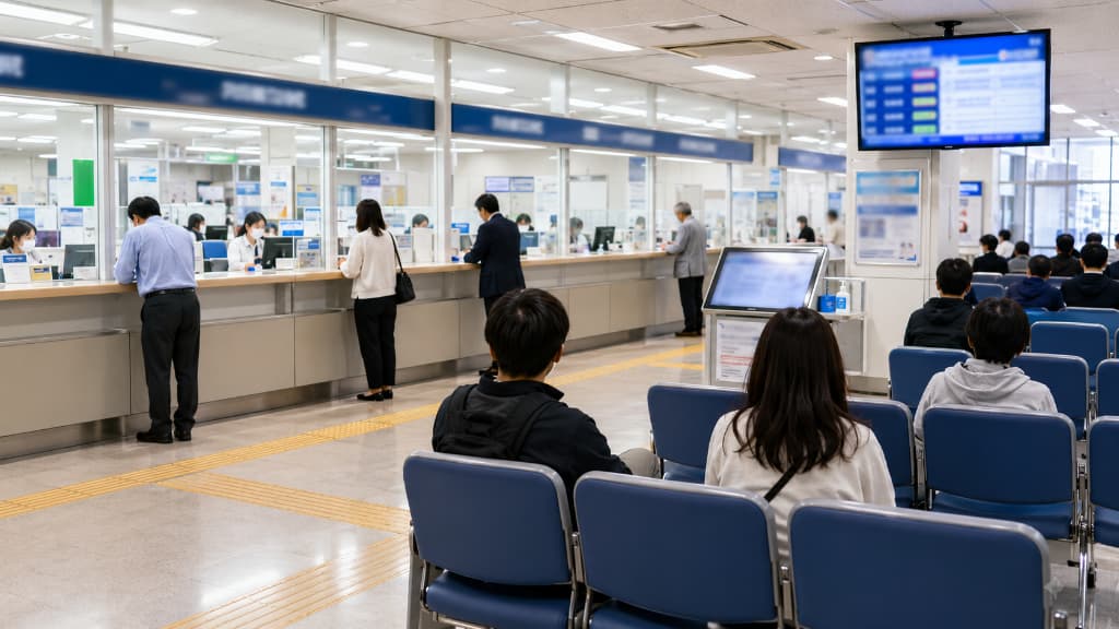 The counter at a Japanese driver's licensing center where licenses are renewed