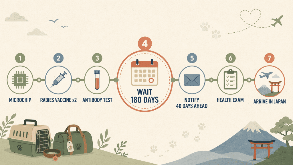 A timeline infographic of the steps and 180-day wait for importing a pet into Japan