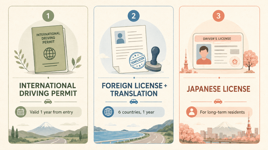 Infographic of the three legal ways to drive in Japan: IDP, official translation, and a Japanese license