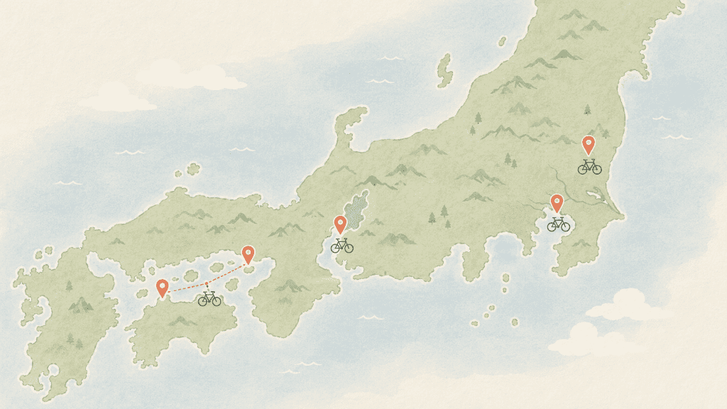 Illustrated map of Japan marking popular cycling routes