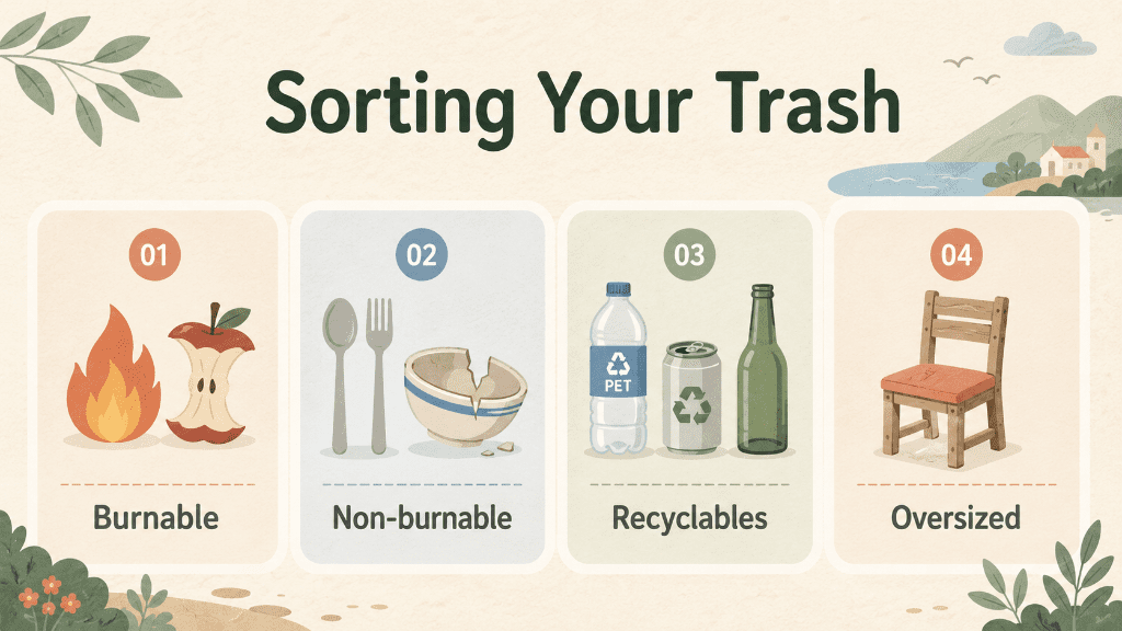 Infographic of Japan's main garbage categories: burnable, non-burnable, recyclables, oversized
