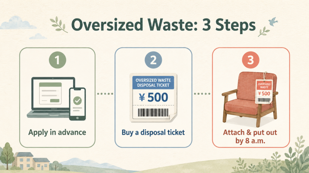 Three-step process for disposing of oversized waste in Japan