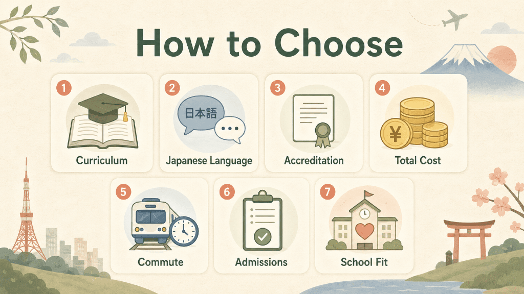 Infographic of the key factors for choosing an international school in Tokyo