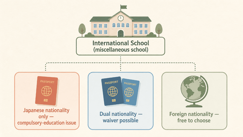 Diagram showing how compulsory-education rules apply to international schools in Japan by nationality