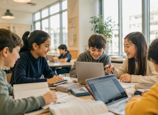 Diverse students in a bright international school classroom in Tokyo