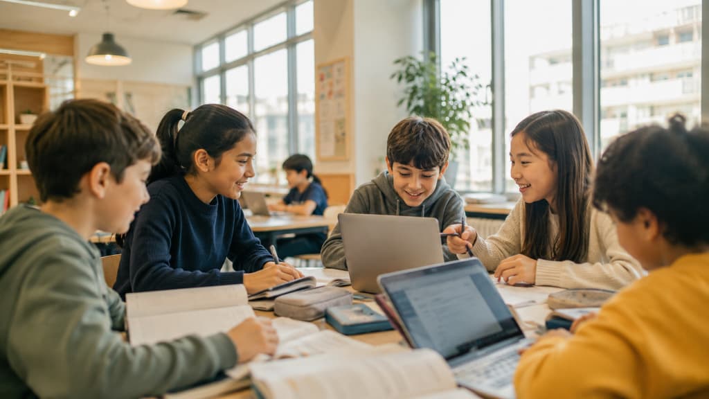 Diverse students in a bright international school classroom in Tokyo