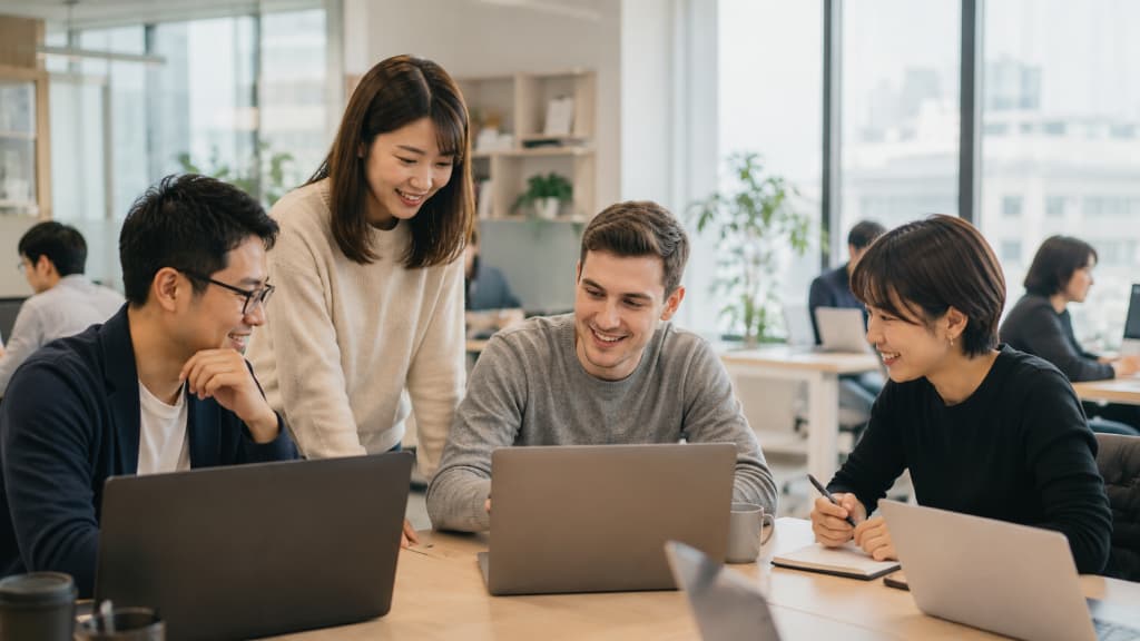 A diverse team working together in a modern Japanese office