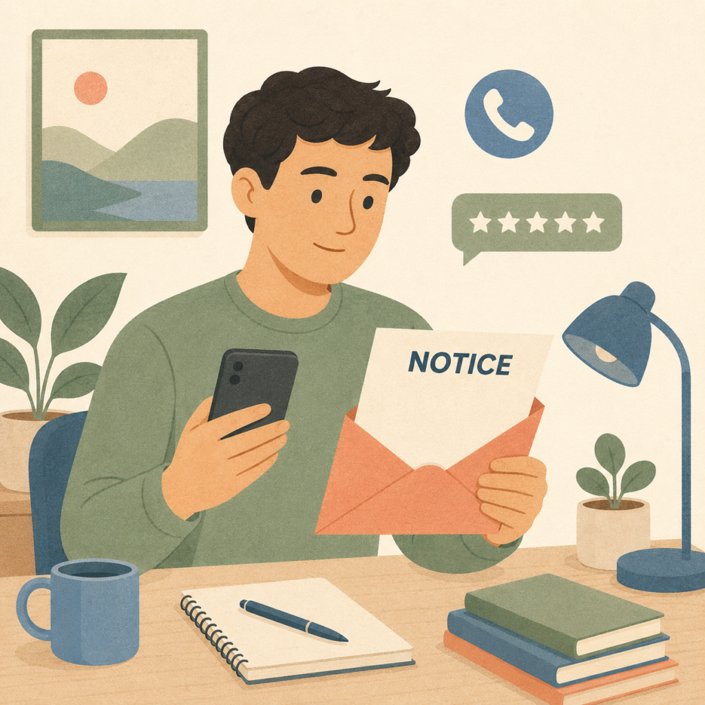 A reviewer calmly reviewing a cease-and-desist notice over a negative review in Japan