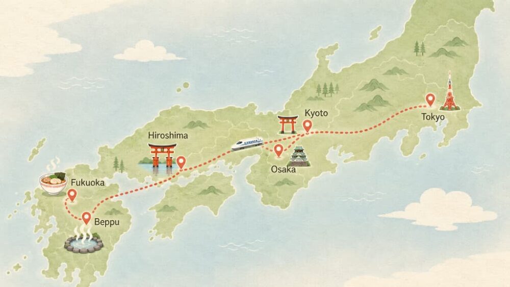 Map of a 7-day Japan Golden Route itinerary from Tokyo to Kyoto and Osaka
