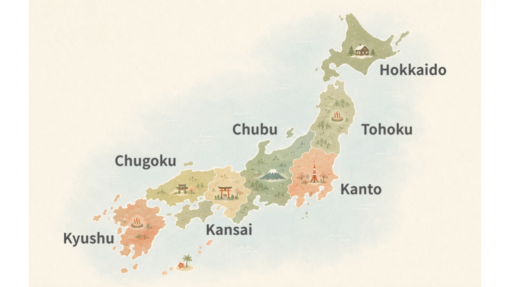 Illustrated map of Japan's main travel regions from Hokkaido to Kyushu