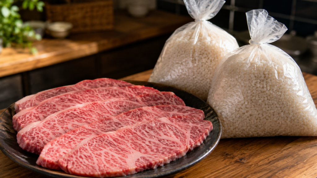 Premium wagyu beef and bags of Japanese rice received as Furusato Nozei thank-you gifts