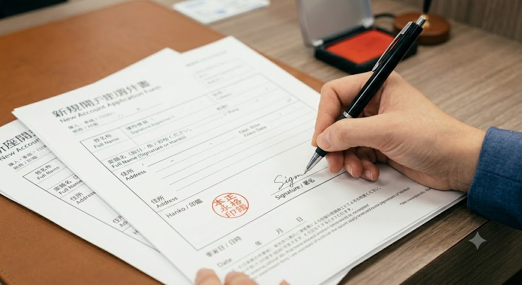 A hanko seal beside a signature line on a Japanese bank form, showing that a signature now works at most banks