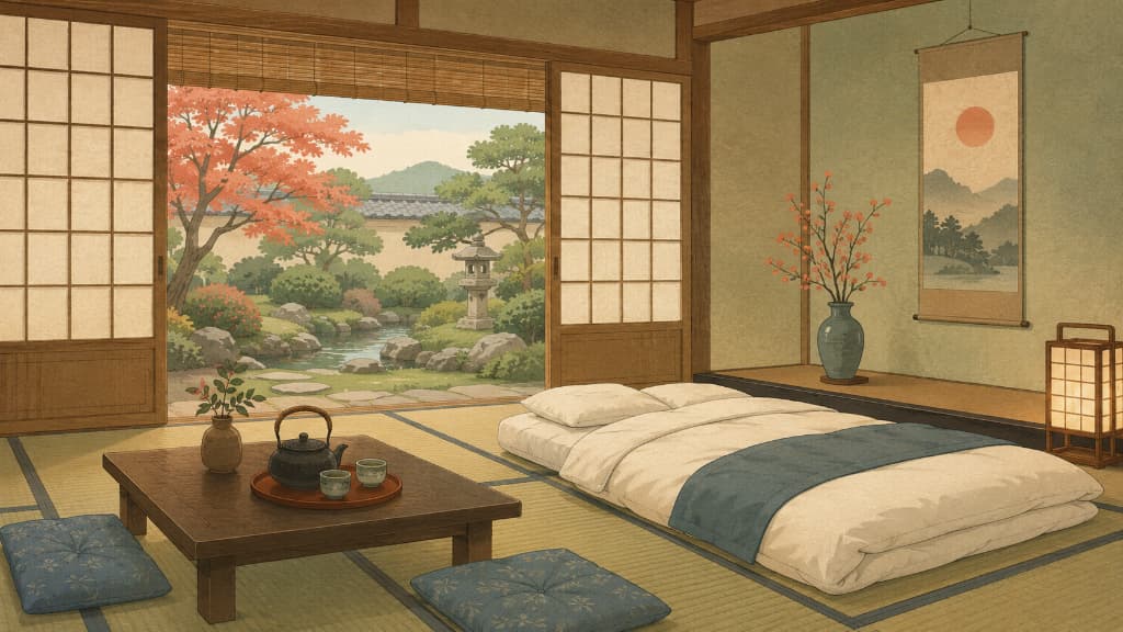 Traditional Kyoto ryokan room with tatami and a low table