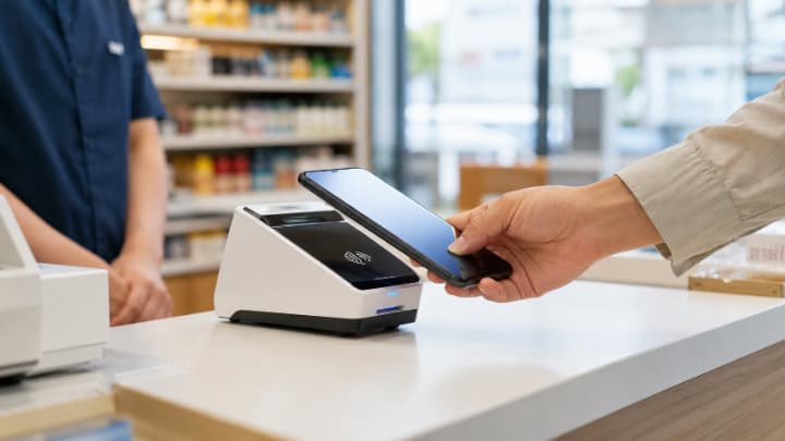 Paying with Mobile Suica by tapping a phone at a Japanese convenience store register