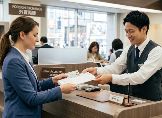 A foreign resident handing a residence card and documents across a Japanese bank counter to open an account