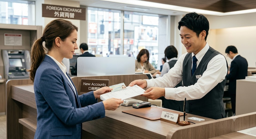 A foreign resident handing a residence card and documents across a Japanese bank counter to open an account