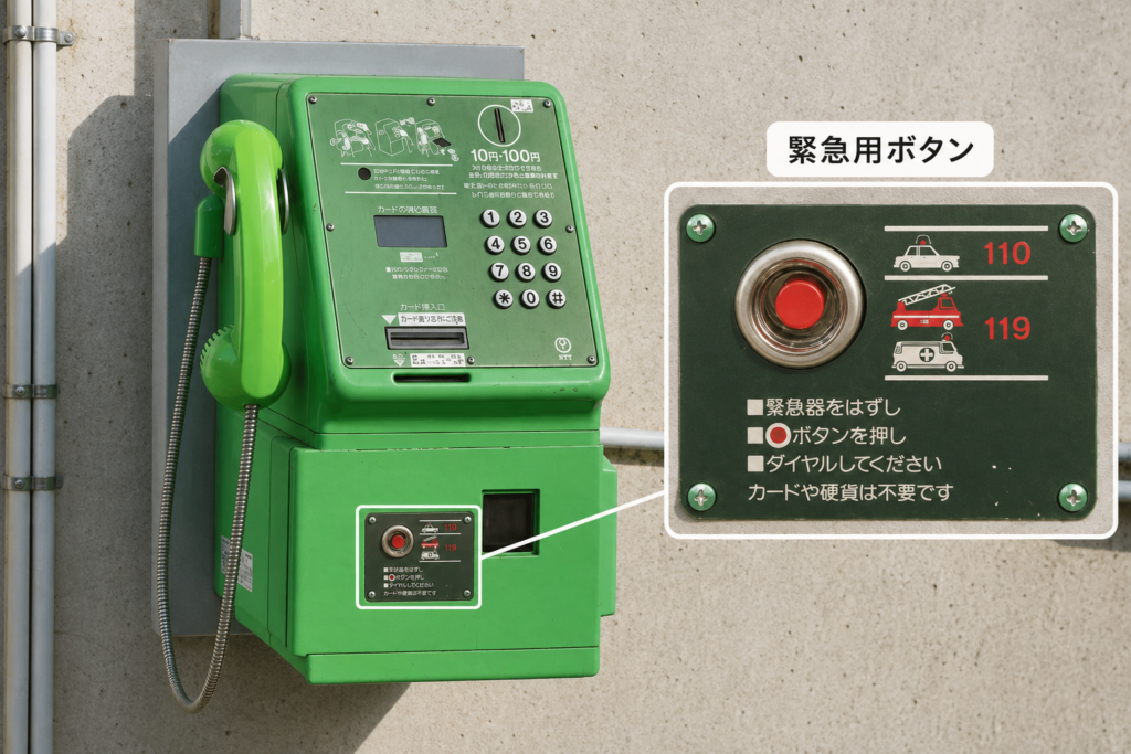 The red emergency button on a green public payphone in Japan, used to call 119 or 110 for free