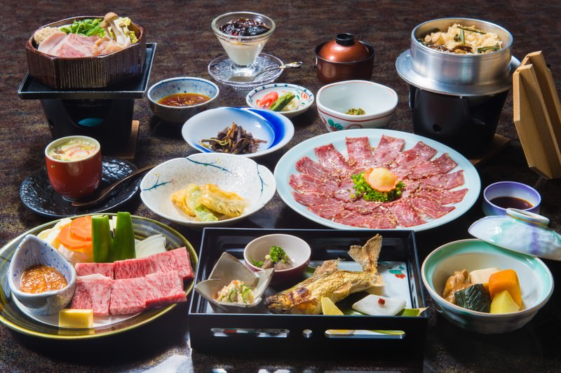Multi-course kaiseki dinner served at a Japanese ryokan