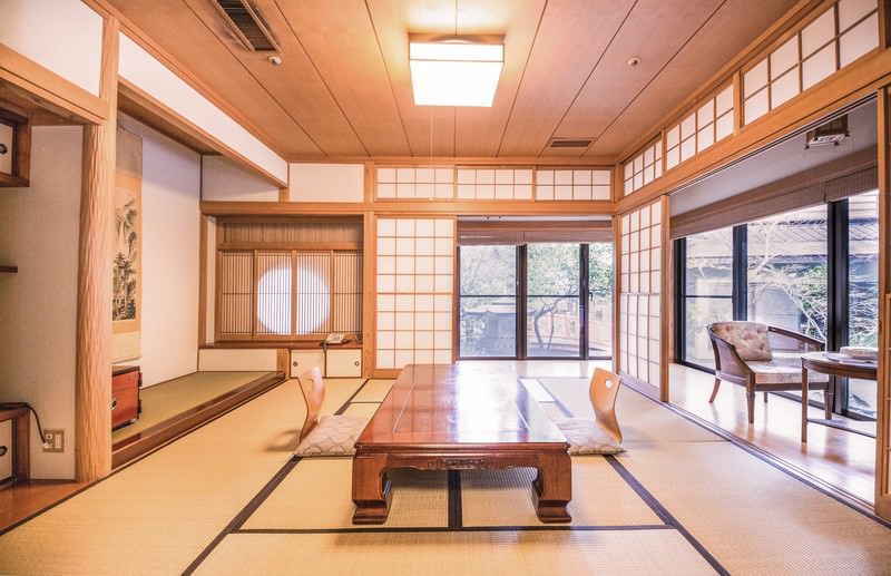 Traditional ryokan tatami room with futon in Japan