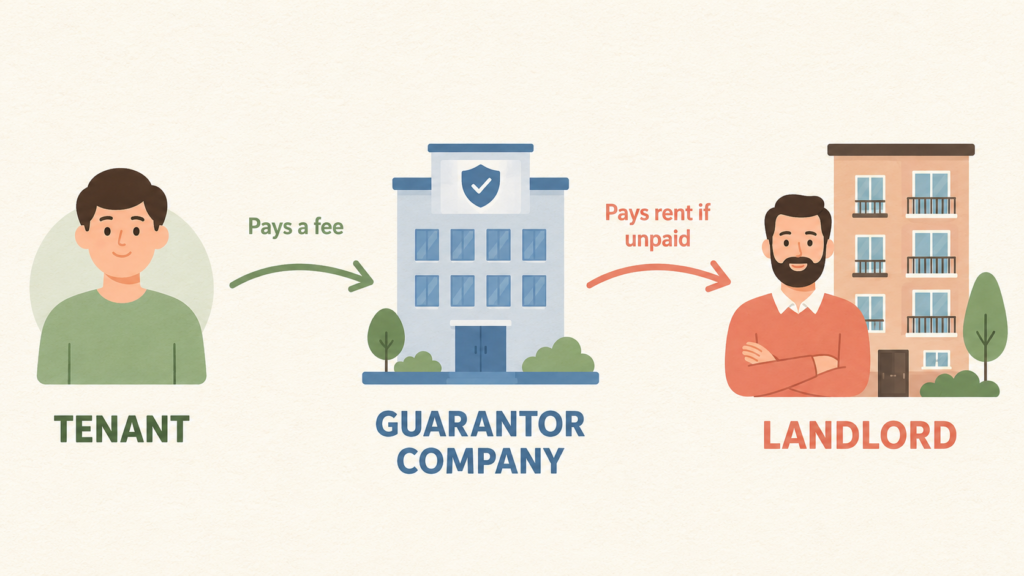 Flow diagram showing how a Japanese guarantor company pays the landlord and collects a fee from the tenant