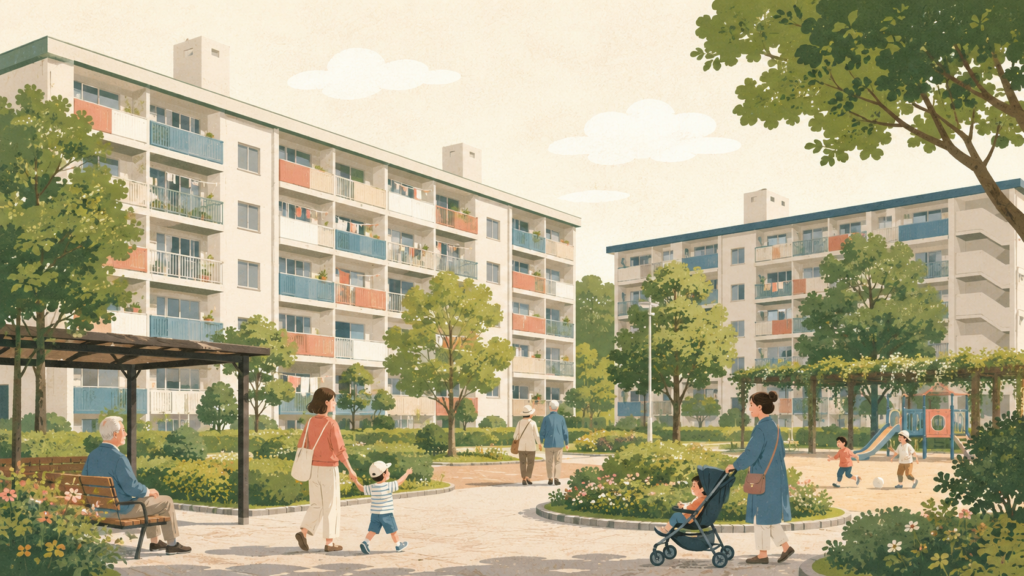 A UR apartment complex in Japan that needs no guarantor, with green courtyards popular among foreign families