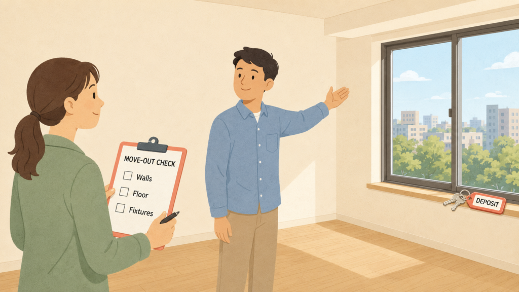 Move-out inspection in Japan, checking walls and floor to settle the rental deposit