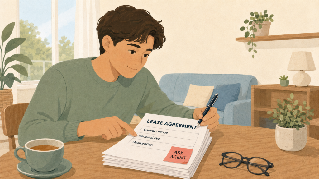 A tenant reviewing the key clauses of a Japanese rental contract before signing