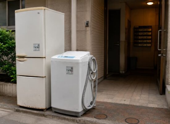 Old refrigerator and washing machine ready for appliance disposal in Japan