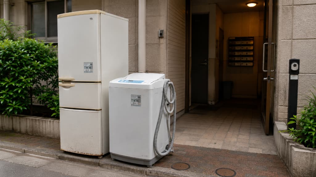 Old refrigerator and washing machine ready for appliance disposal in Japan