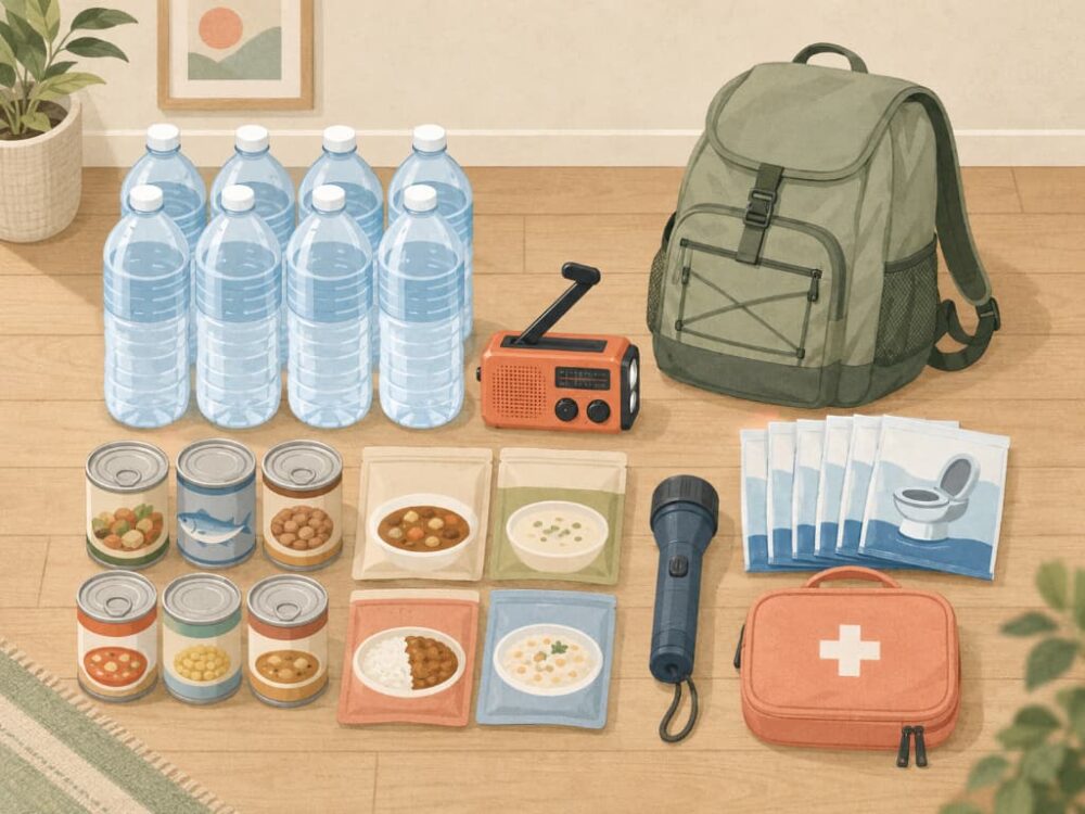 Emergency preparedness kit in a Japanese home: stored water, portable toilet, and hand-crank charger