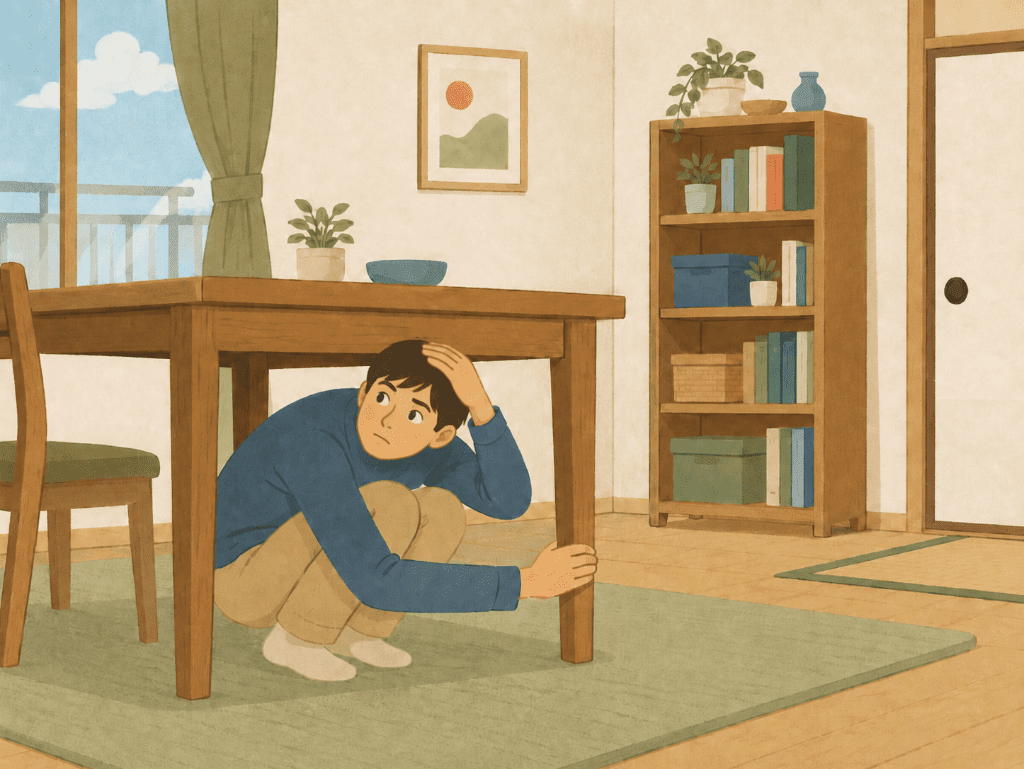 Infographic showing Drop, Cover, and Hold On during an earthquake in Japan
