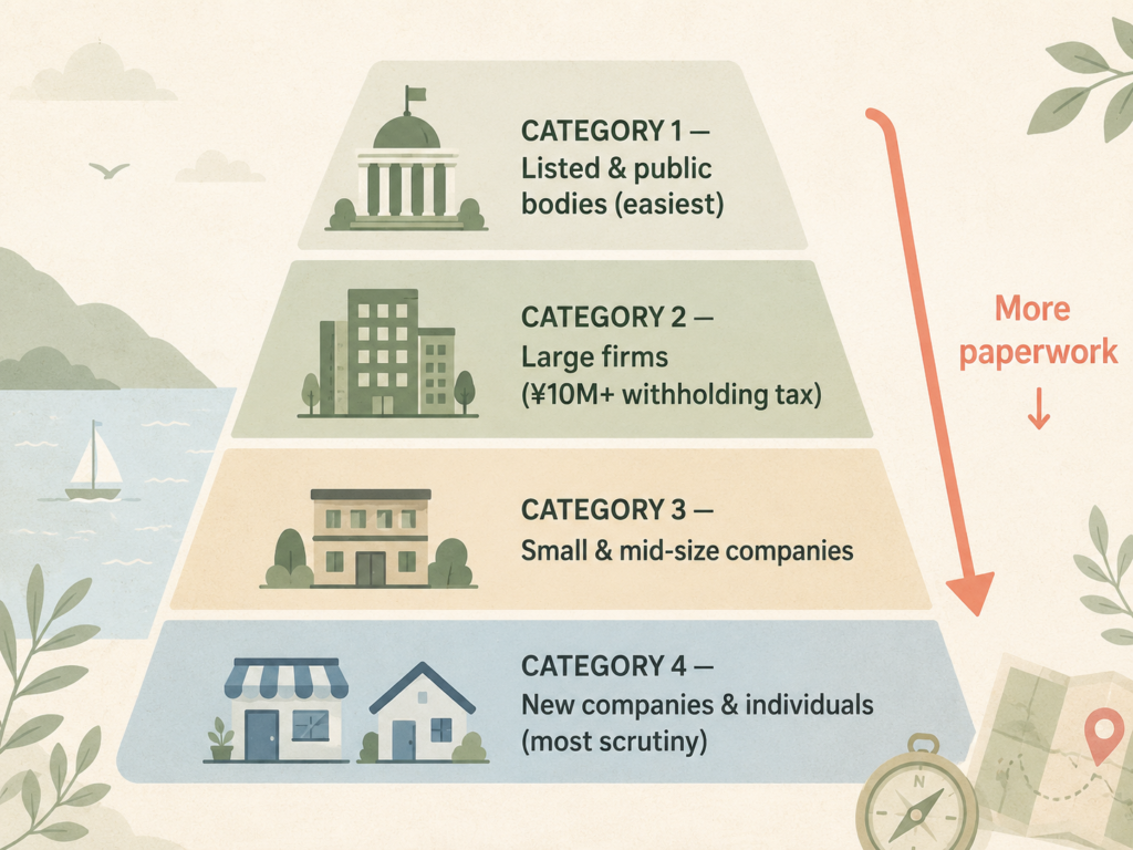 Japan's four employer categories for gijinkoku visa applications, from listed firms to new businesses