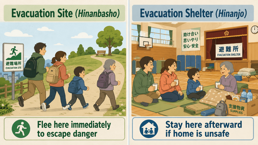 Diagram comparing shitei kinkyu hinanbasho evacuation site and shitei hinanjo shelter